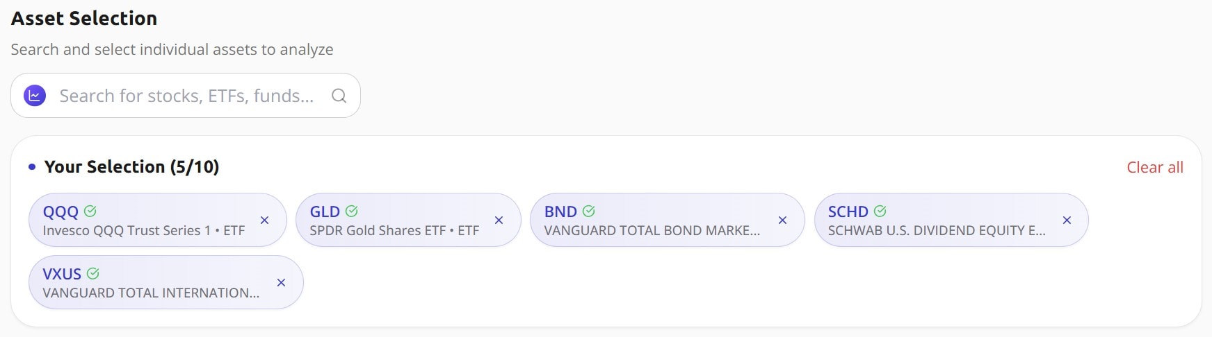 Awalyt asset selection interface with five ETFs chosen for analysis: QQQ, GLD, BND, SCHD, and VXUS