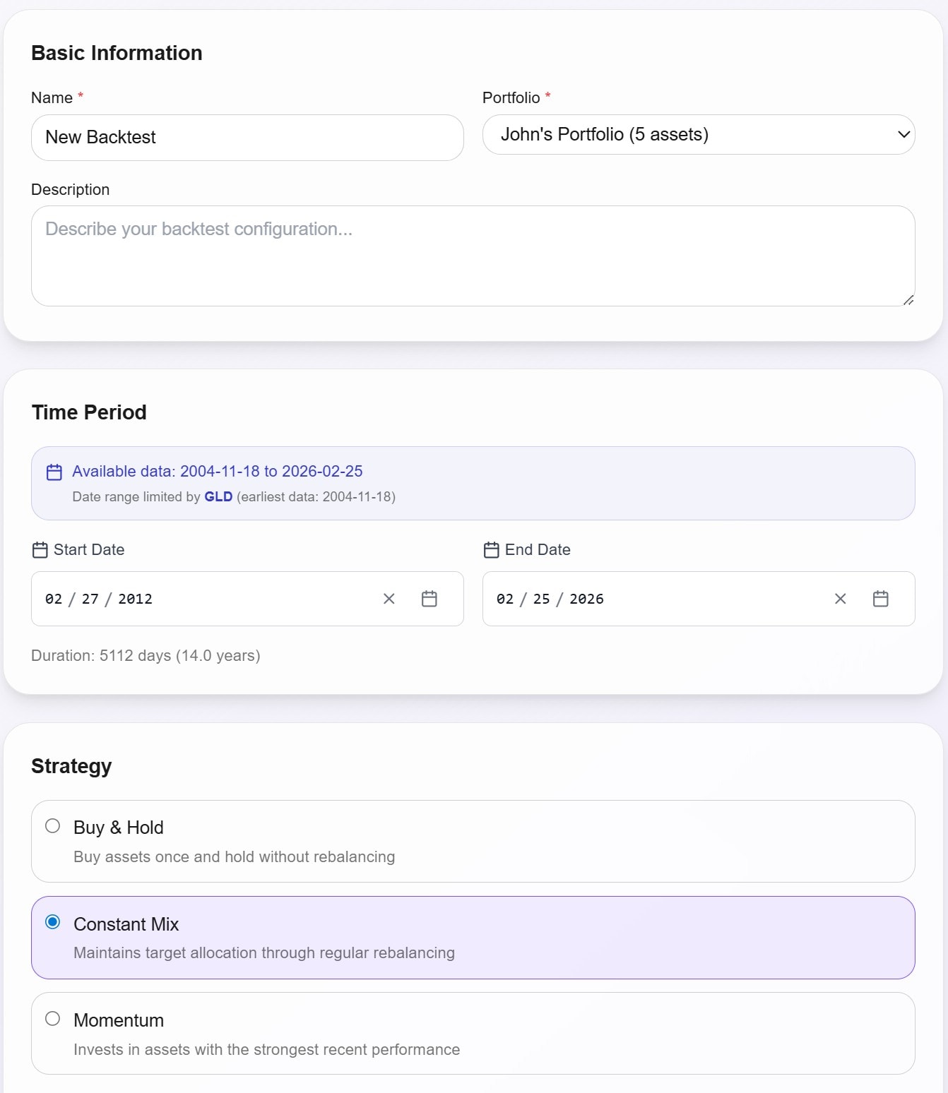 AWALYT portfolio configuration form showing asset selection, allocation percentages, and rebalancing frequency settings