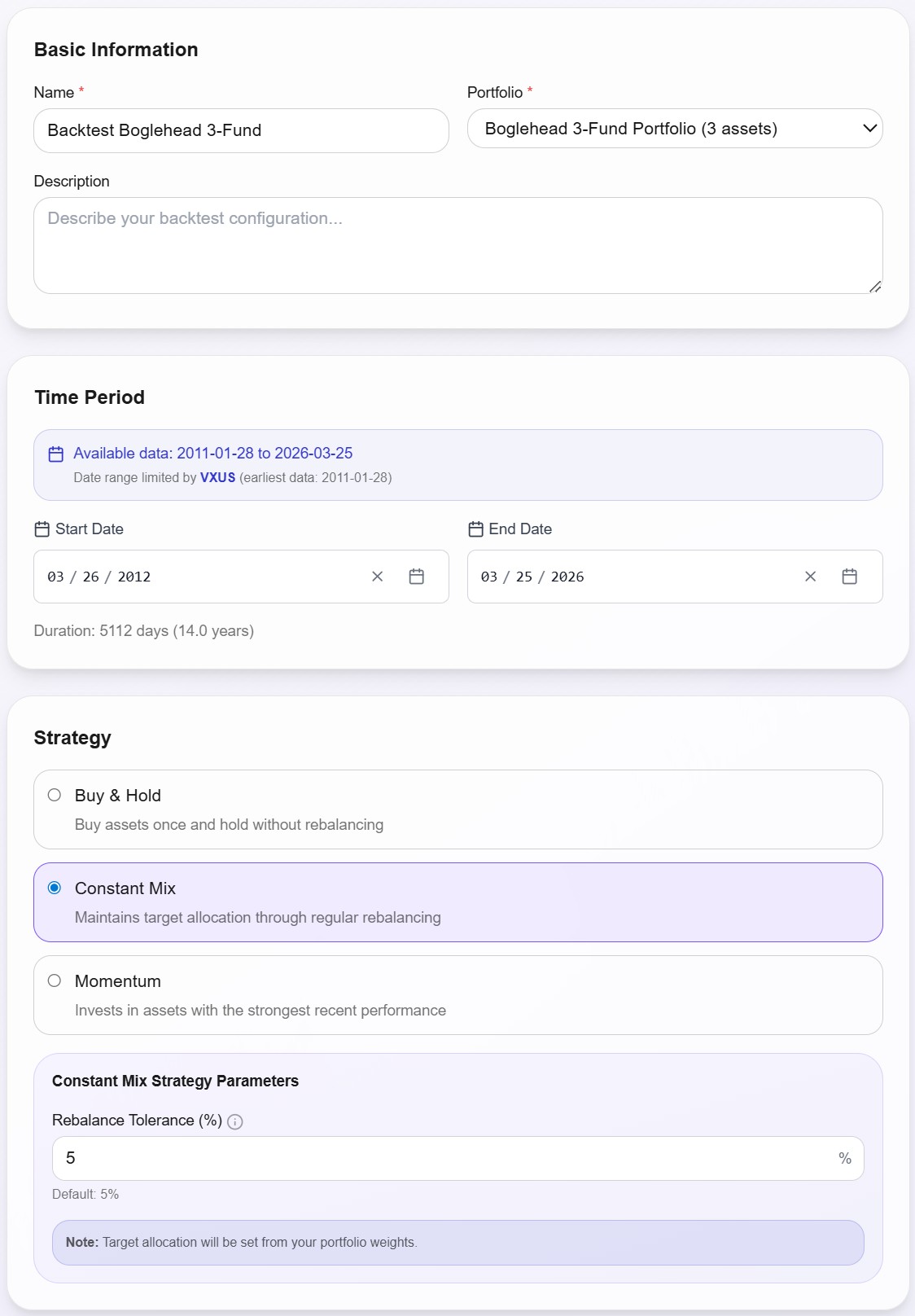 Awalyt backtest configuration form showing portfolio selection, time period from 2012 to 2026, and strategy options including Buy and Hold, Constant Mix, and Momentum