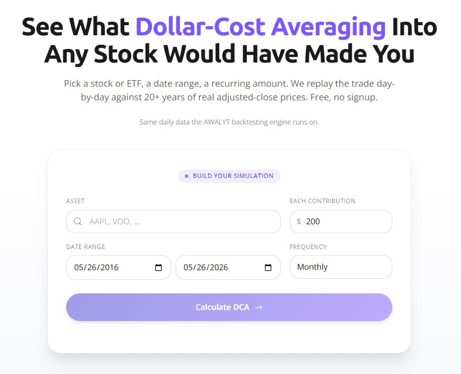 Awalyt DCA calculator input form showing fields for asset ticker, contribution amount, date range, and frequency