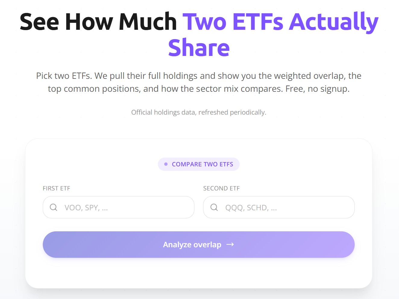 Awalyt ETF overlap analyzer input form with two ticker fields and an Analyze overlap button